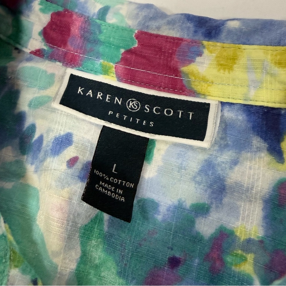 Watercolor Floral Karen Scott Petite Cotton Button Front Top Size LP Large Petit - Picture 7 of 8